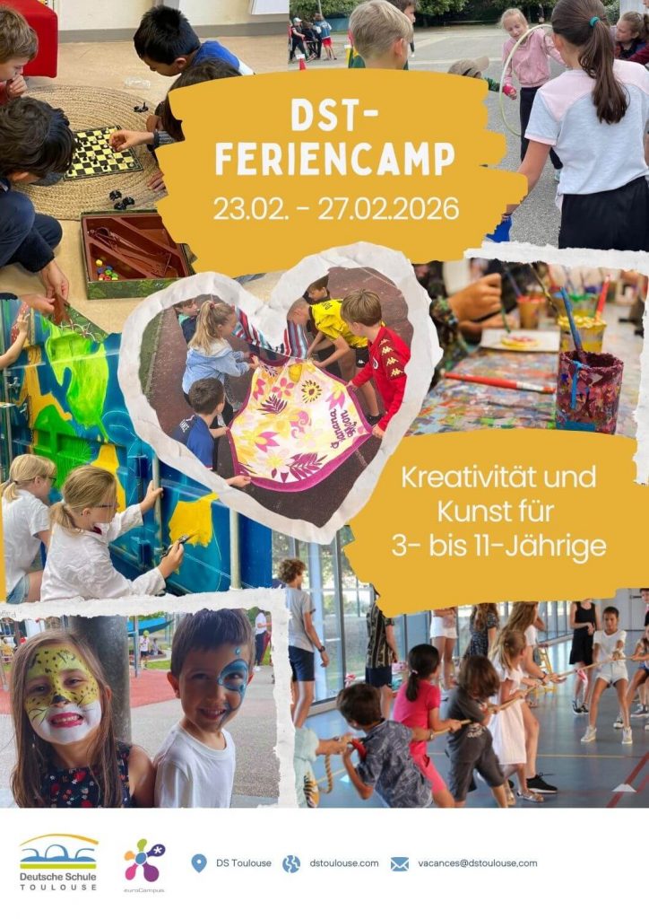 Plakat Deutsche Schule Toulouse: Feriencamp Winter 2026, Collage, Kinder bei verschiedenen Aktivitäten