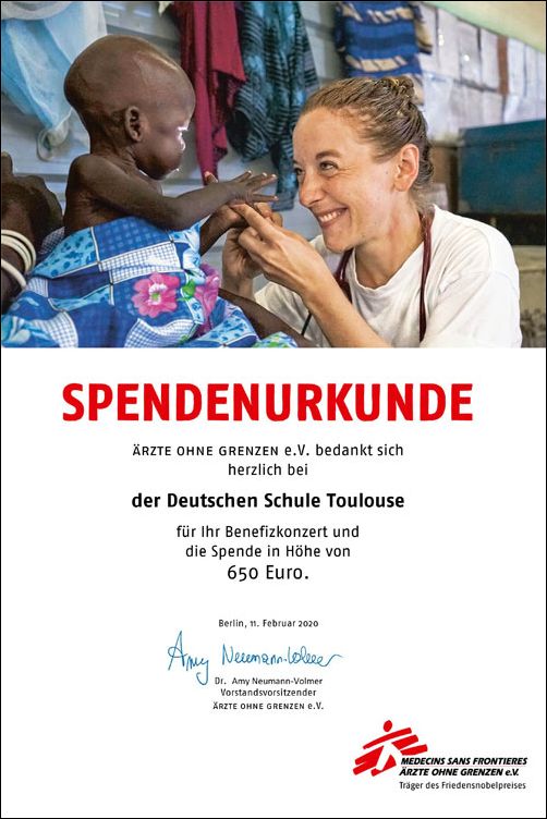 Ärzte ohne Grenzen Spendenurkunde | Deutsche Schule Toulouse