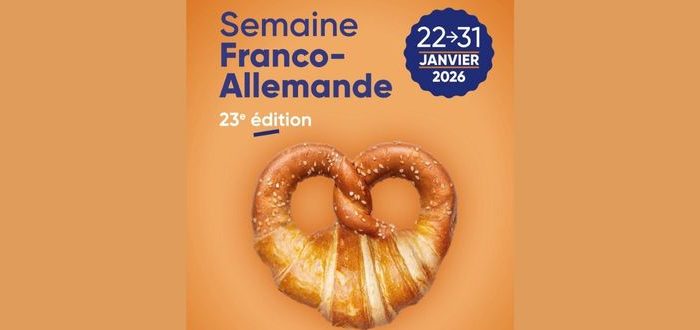 Plakat Deutsch-französische Woche 2026: Collage aus Croissant und Brezel