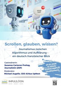 Plakat Deutsche Schule Toulouse: Veranstaltung mit Susanne Carteron-Freitag, ZDF zum Thema: "Scrollen, glauben,wissen"