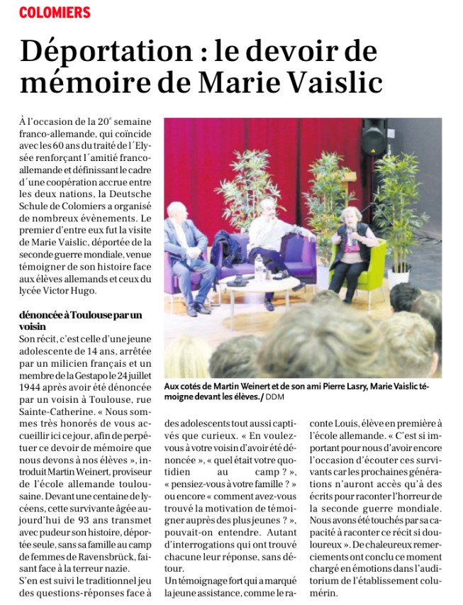Article de La Dépêche du Midi - Marie Vaislic à la Deutsche Schule Toulouse