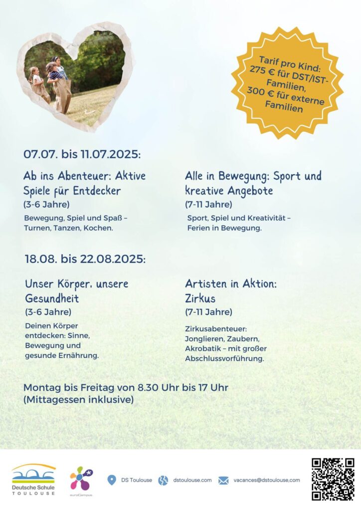 Plakat, Feriensommercamp der Deutschen Schule Toulouse, Collage spielender Kinder, Termine