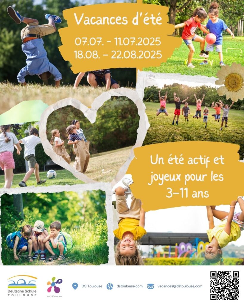 Affiche du stage d'été de l'école allemande de Toulouse, collage d’enfants en train de jouer.