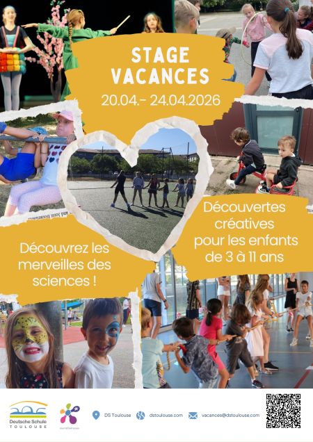 Affiche de l’École Allemande de Toulouse : camp de vacances de printemps 2026, collage montrant des enfants participant à différentes activités.
