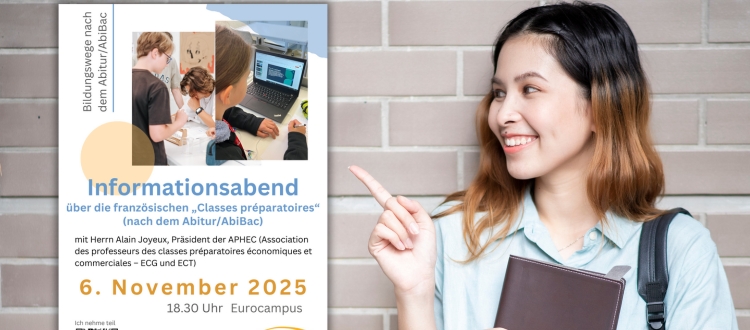 Junge Frau zeigt auf Plakat: Infoabend über die französischen 