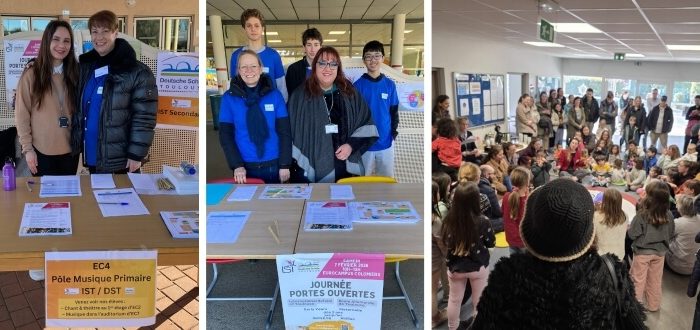 DST, Tag der offenen Tür, Collage aus Mitarbeiterinnen am Empfang und Kindern in einem Kreis