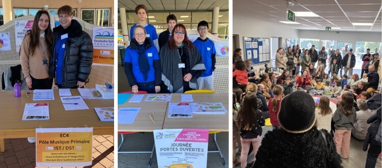 DST, Tag der offenen Tür, Collage aus Mitarbeiterinnen am Empfang und Kindern in einem Kreis