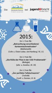 Deutsche Schule Toulouse, Überblick Teilnehmer an Jugend forscht 2015