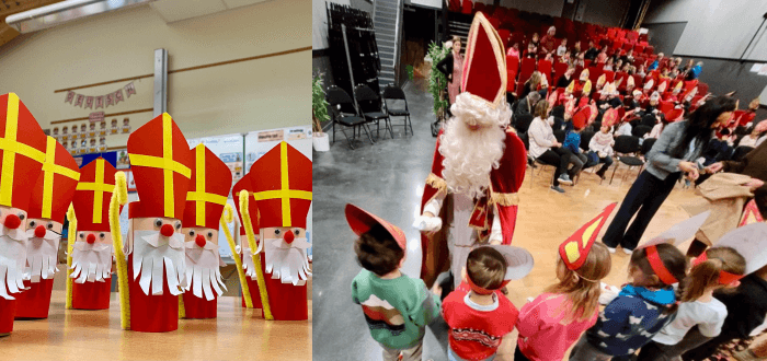 Bildcollage: Gebastelter Nikoläuse und Nikolaus mit einer Kindergruppe