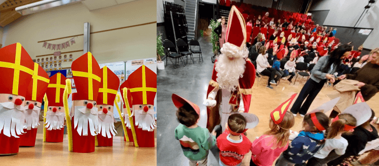 Bildcollage: Gebastelter Nikoläuse und Nikolaus mit einer Kindergruppe