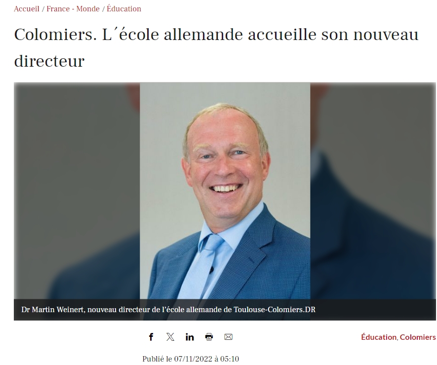 Deutsche Schule Toulouse, Article de presse Depeche du Midi, Nouveau proviseur Martin Weinert, 2022