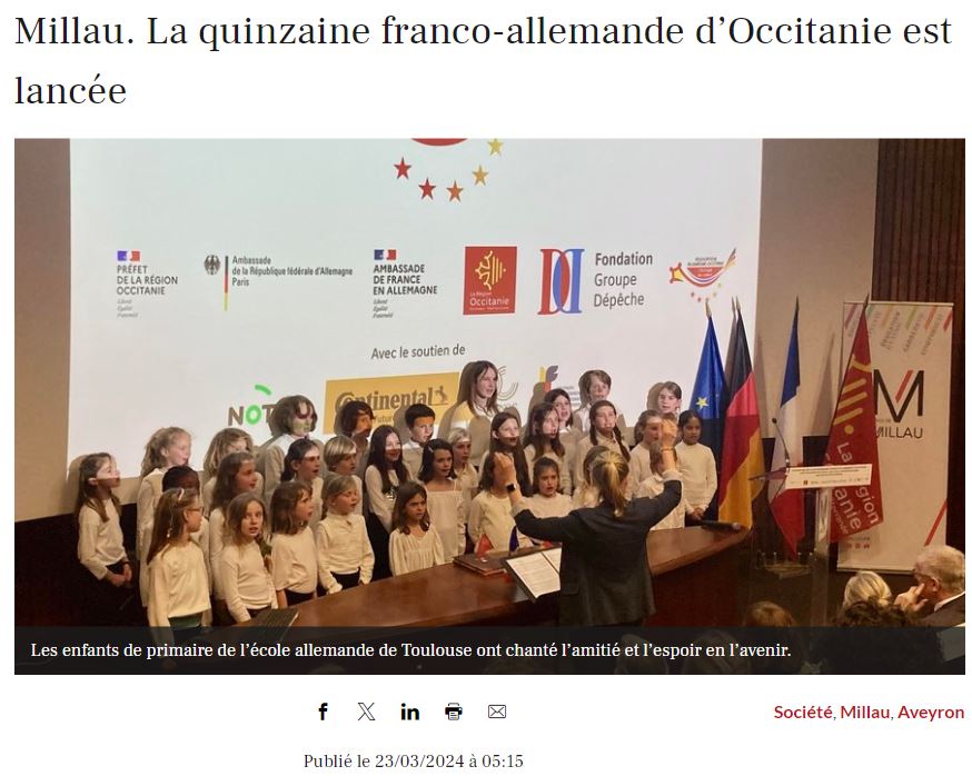 Deutsche Schule Toulouse, Article de presse Depeche du Midi, Quinzaine franco-allemande, concert à Millaut