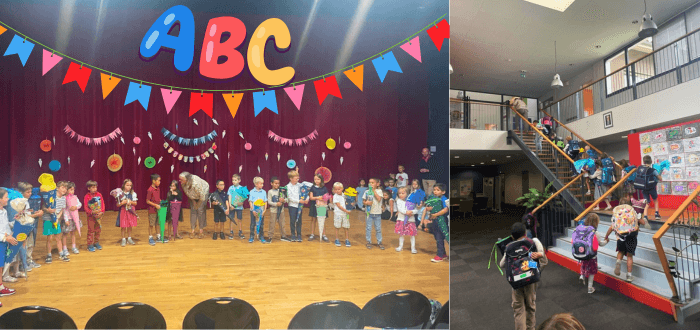 Collage aus zwei Bildern: Schülergruppe mit Schultüten bei der Einschulung, beim Treppensteigen im Schulgebäude