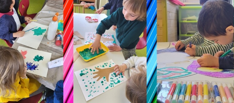 Collage aus drei Bildern: Kinder beim Malen