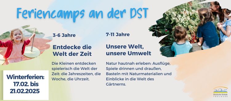 Deutsche Schule Toulouse, Plakat der Feriencamps Februar 2025 mit Daten und Inhalt der Aktivitäten