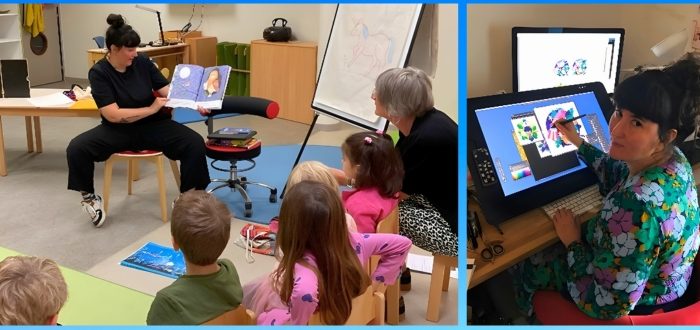 Collage zweier Bilder: Kindergruppe sitz um Illustratorin, die ein Buch zeigt. Illustratorin malt am PC.