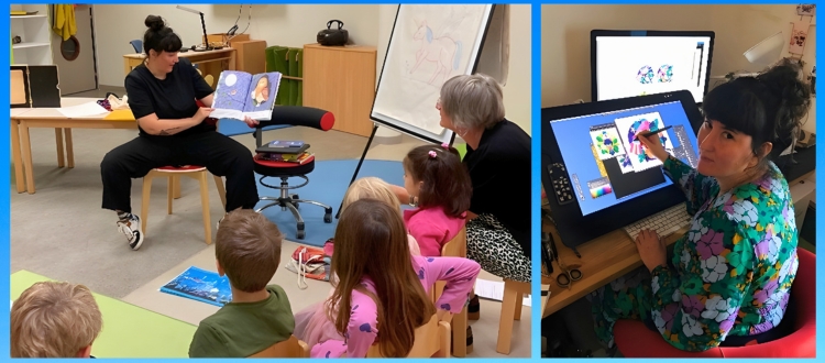 Collage zweier Bilder: Kindergruppe sitzt um Illustratorin, die ein Buch zeigt. Illustratorin malt am PC.
