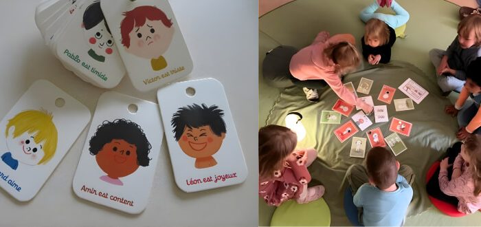 Deutsche Schule Toulouse: Collage - Karten mit Kindergesichtern unterschiedlicher Emotionen und Kindergruppe rund um die Karten sitzend