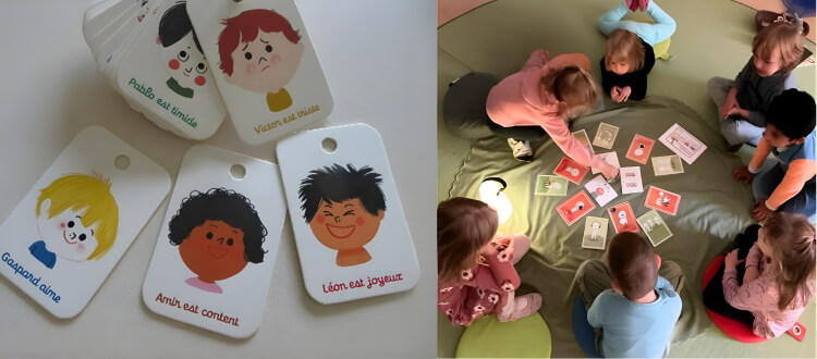 Deutsche Schule Toulouse: Collage - Karten mit Kindergesichtern unterschiedlicher Emotionen und Kindergruppe rund um die Karten sitzend