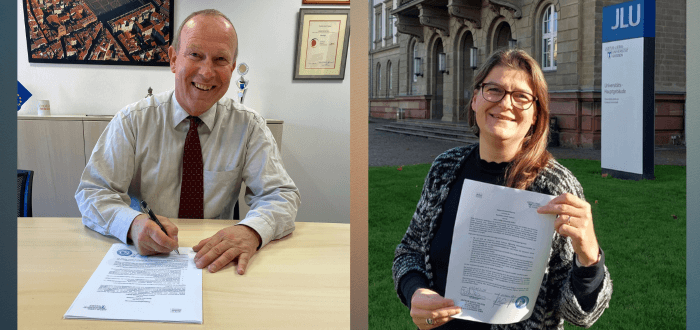 Collage: Schulleiter der DST und Vertreterin der Uni Gießen unterschreiben einen Kooperationsvertrag