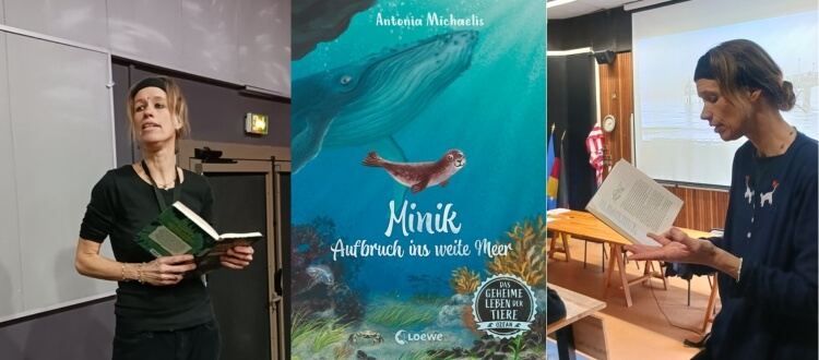 Deutsche Schule Toulouse, Collage - Autorin Antonia Michaelis liest an der Deutschen Schule Toulouse, in der Mitte Bild eines Buchcovers
